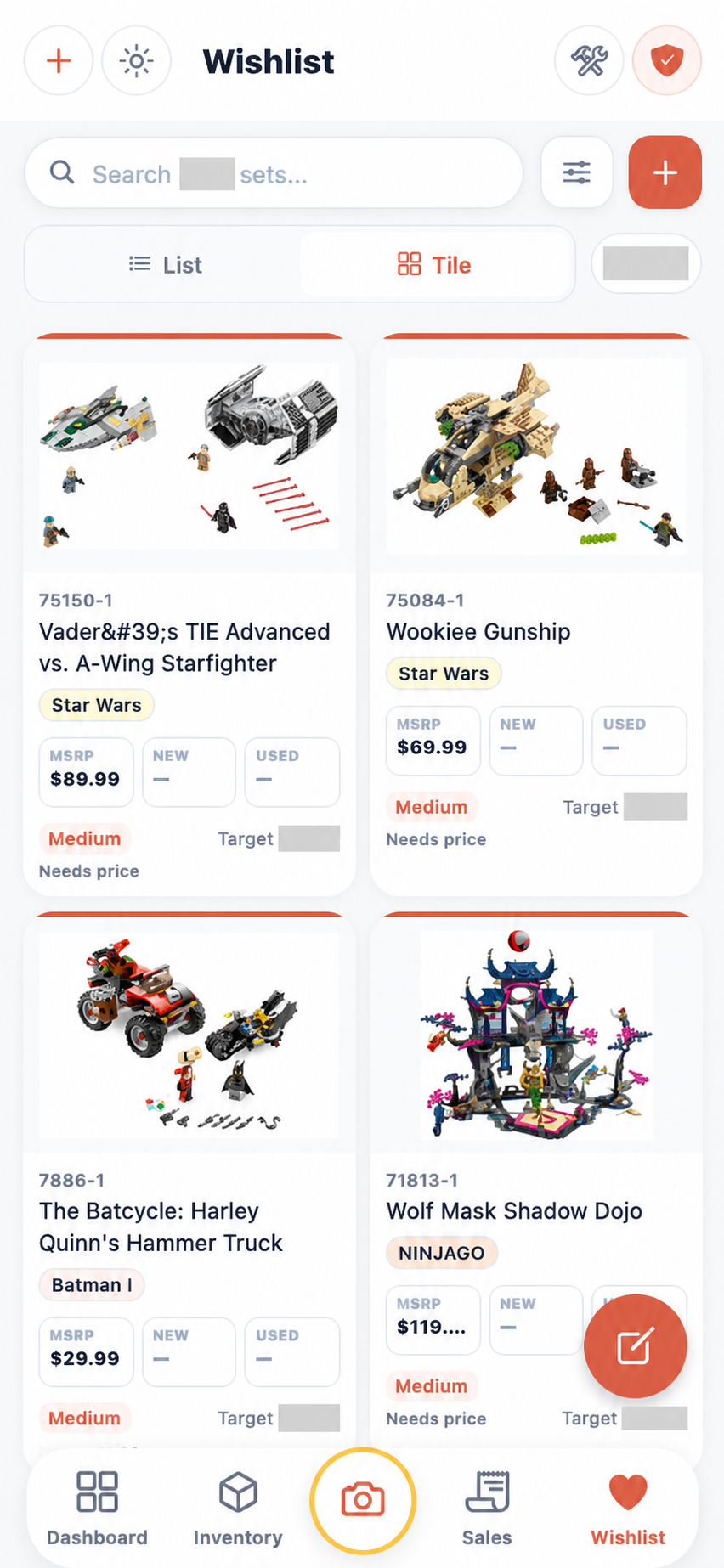 BrickLedger wishlist with private targets hidden